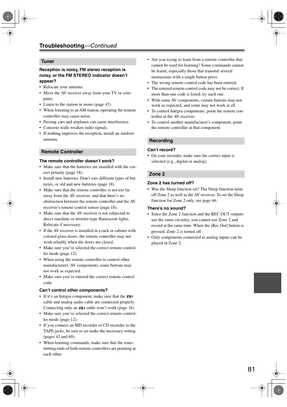 Troubleshooting —continued | Integra DTR-4.5 User Manual | Page 81 / 84