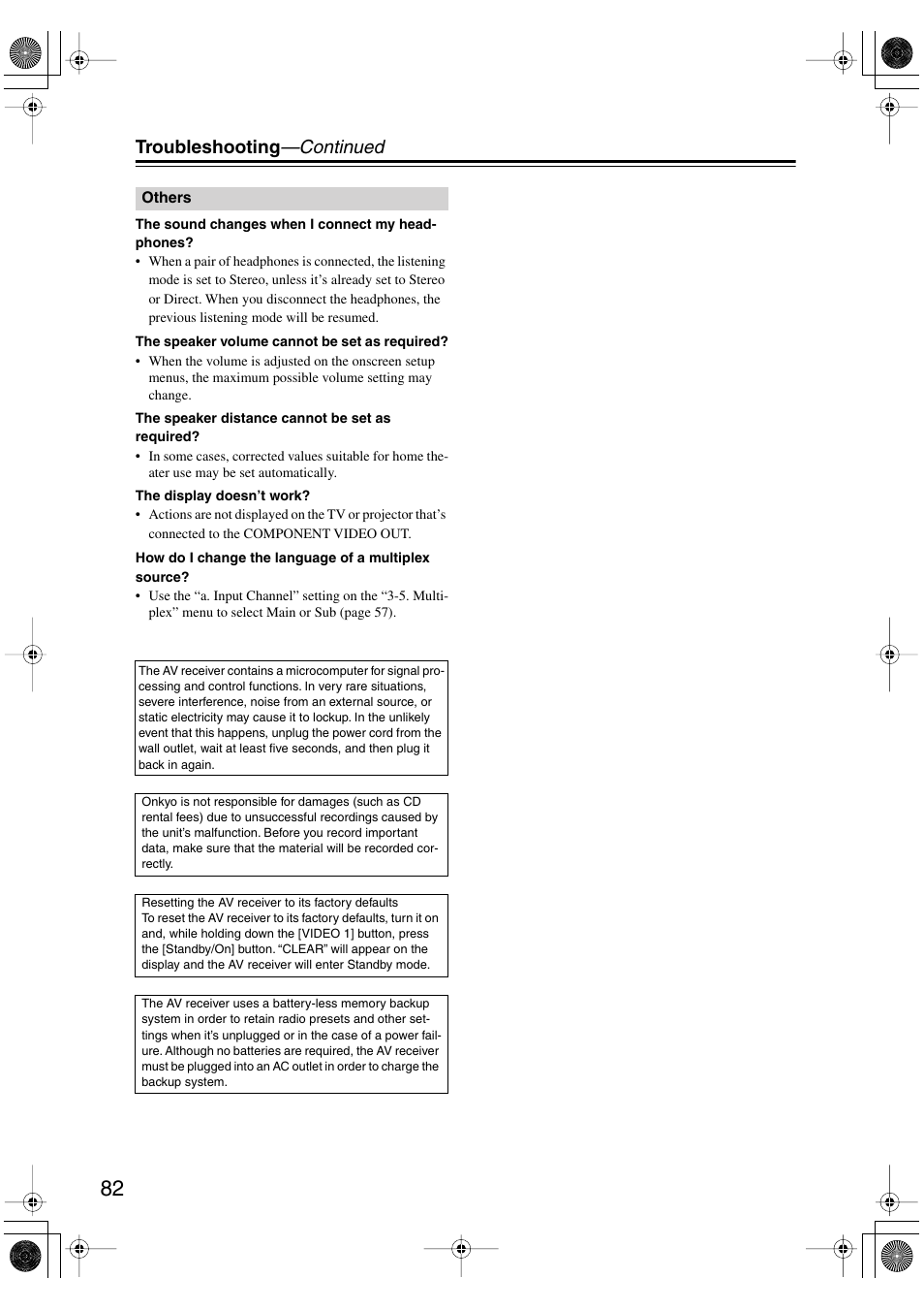 Troubleshooting —continued | Integra DTR-4.5 User Manual | Page 82 / 84