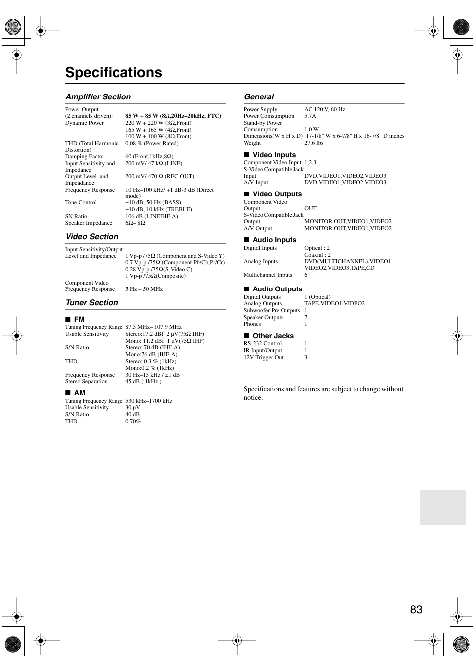 Specifications | Integra DTR-4.5 User Manual | Page 83 / 84