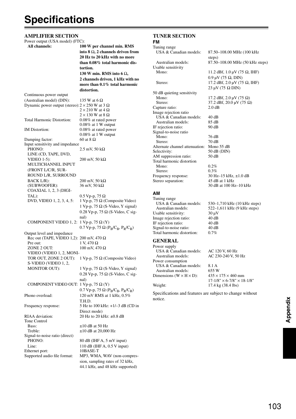 Specifications, Appendix | Integra DTR-7.4 User Manual | Page 103 / 104
