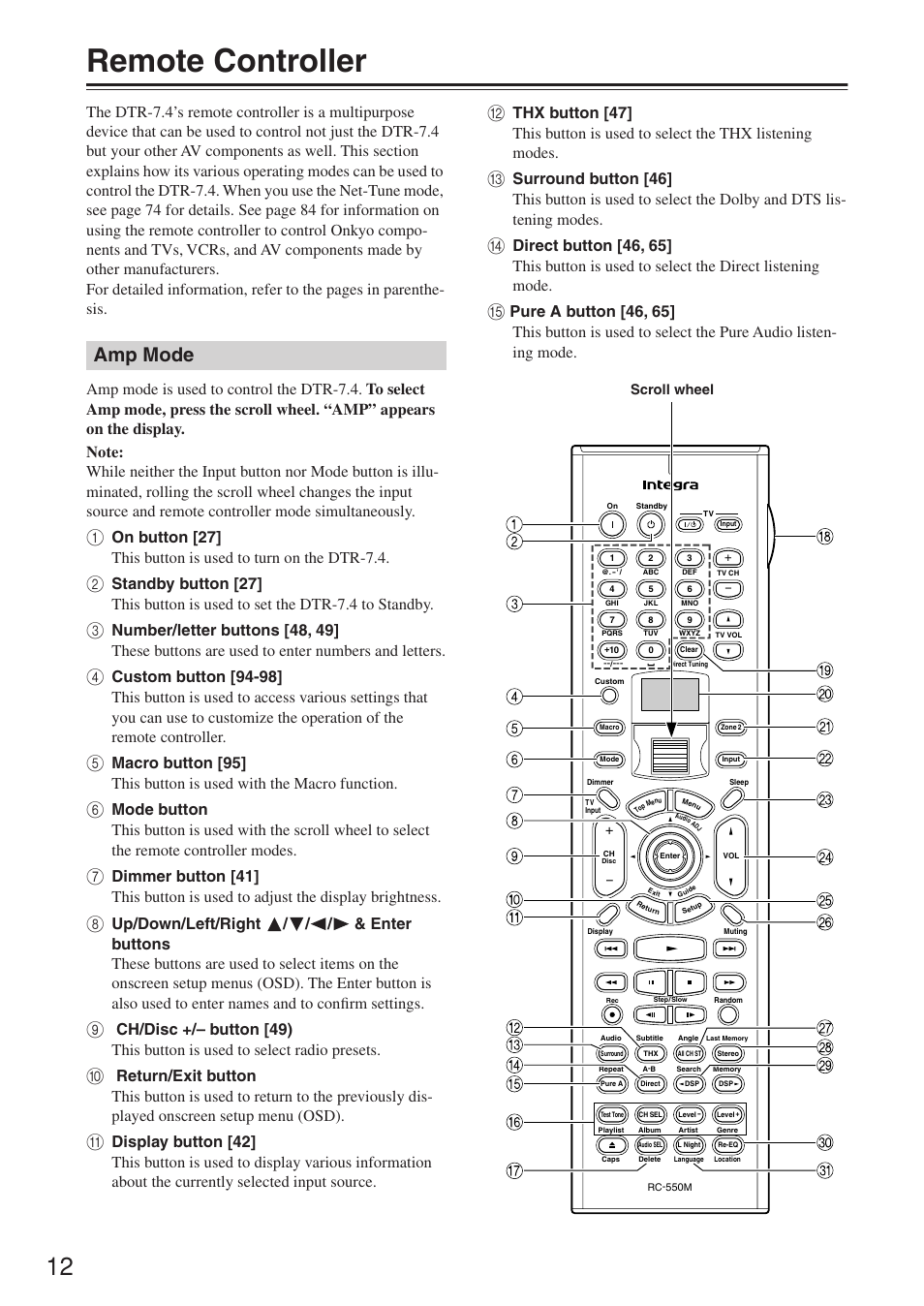 Remote controller, Amp mode | Integra DTR-7.4 User Manual | Page 12 / 104