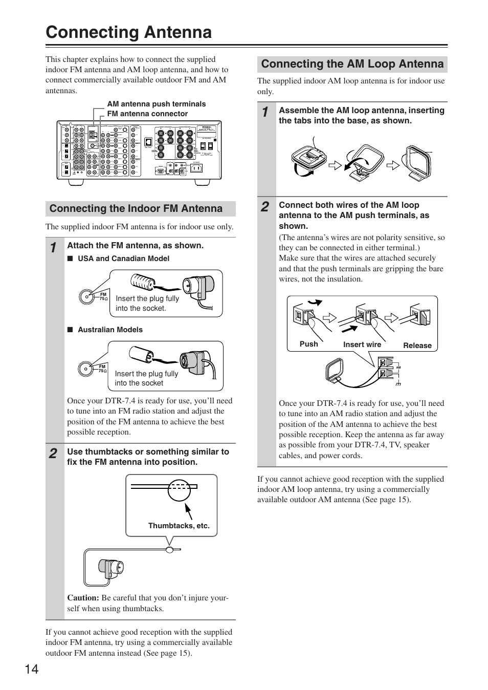 Connecting antenna, Connecting the am loop antenna, Connecting the indoor fm antenna | Attach the fm antenna, as shown, Usa and canadian model ■ australian models, Remote control, Am antenna push terminals fm antenna connector, Insert the plug fully into the socket, Push insert wire release | Integra DTR-7.4 User Manual | Page 14 / 104