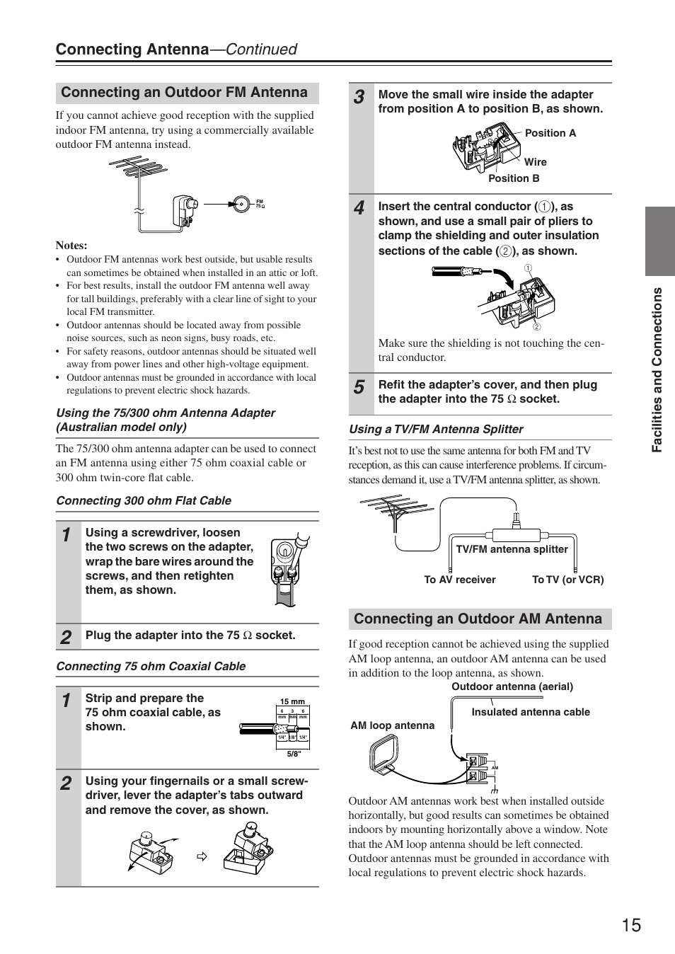 Connecting antenna —continued, Connecting an outdoor fm antenna, Connecting an outdoor am antenna | Facilities and connections, Plug the adapter into the 75 ω socket, Insert the central conductor | Integra DTR-7.4 User Manual | Page 15 / 104