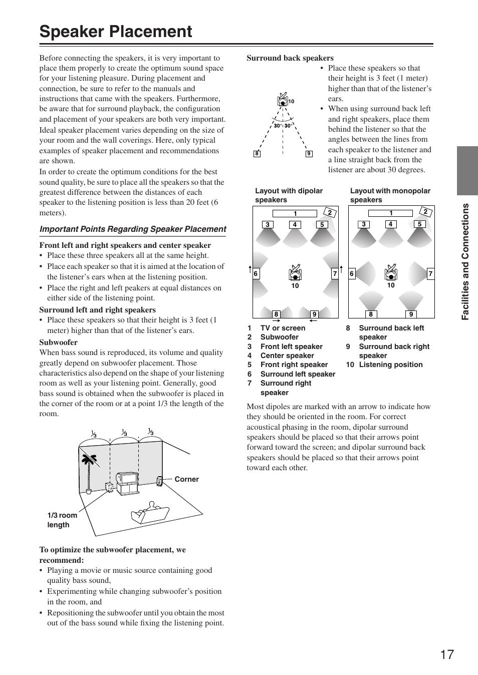 Speaker placement | Integra DTR-7.4 User Manual | Page 17 / 104