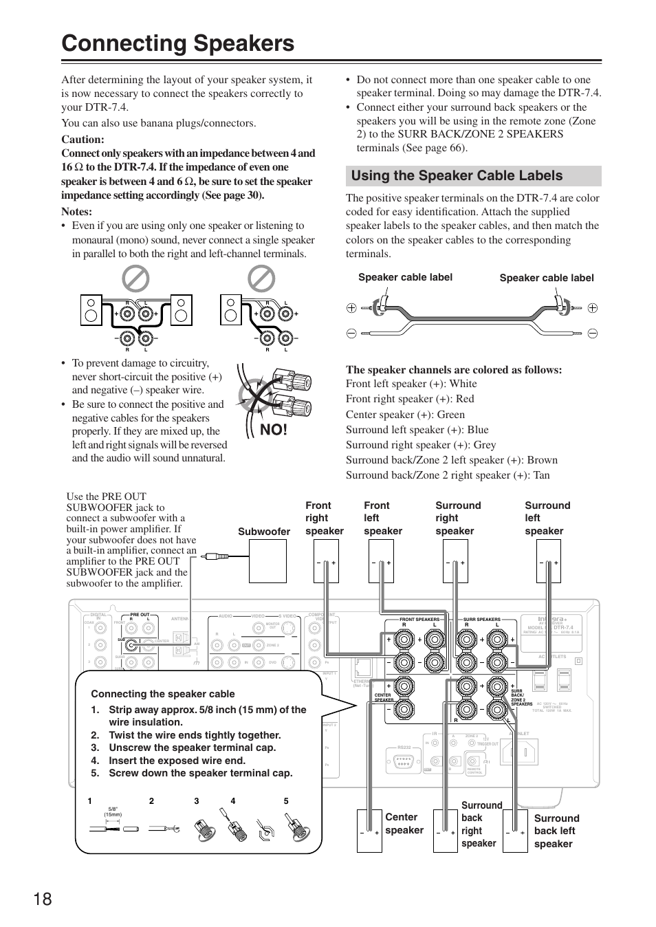 Connecting speakers, Using the speaker cable labels, Speaker cable label | Integra DTR-7.4 User Manual | Page 18 / 104