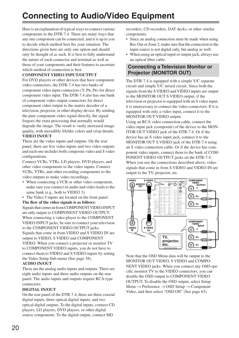 Connecting to audio/video equipment, Tv, projector, etc | Integra DTR-7.4 User Manual | Page 20 / 104