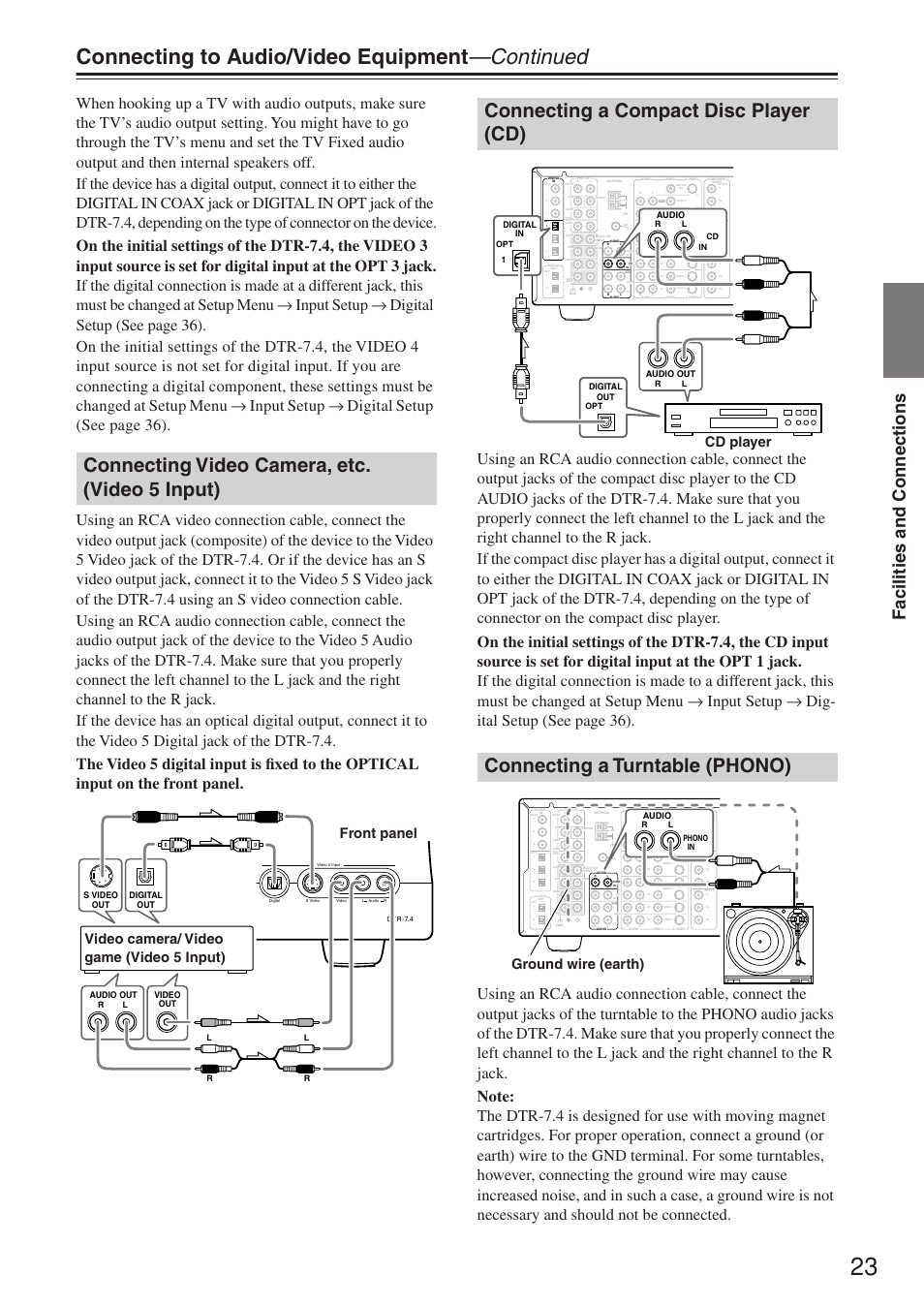 Connecting to audio/video equipment —continued, Connecting video camera, etc. (video 5 input), Facilities and connections | Cd player, Ground wire (earth), Audio out video out s video out digital out, Digital in, Digital out, Audio, Audio out | Integra DTR-7.4 User Manual | Page 23 / 104