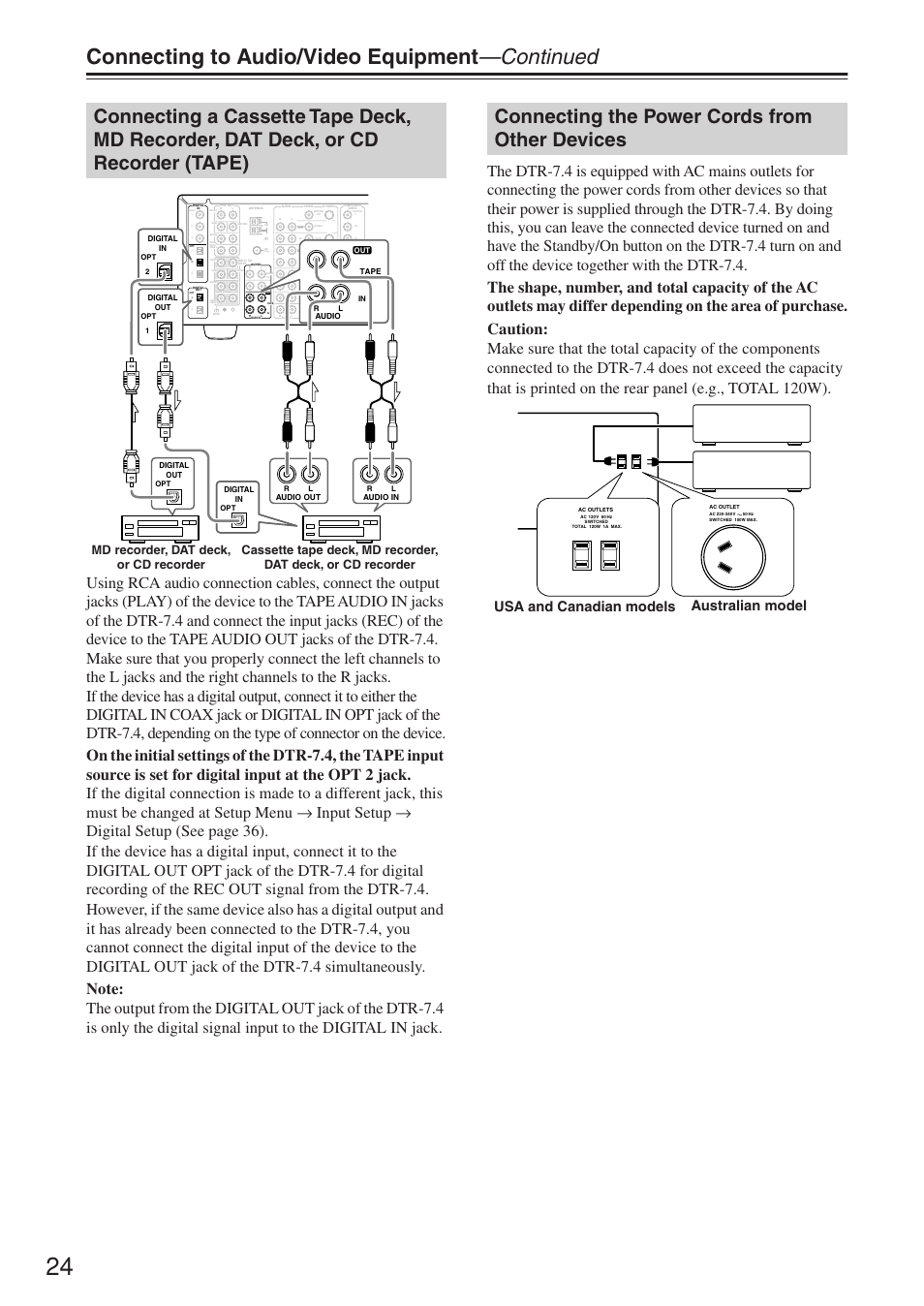 Connecting to audio/video equipment —continued, Connecting the power cords from other devices, Usa and canadian models australian model | Integra DTR-7.4 User Manual | Page 24 / 104