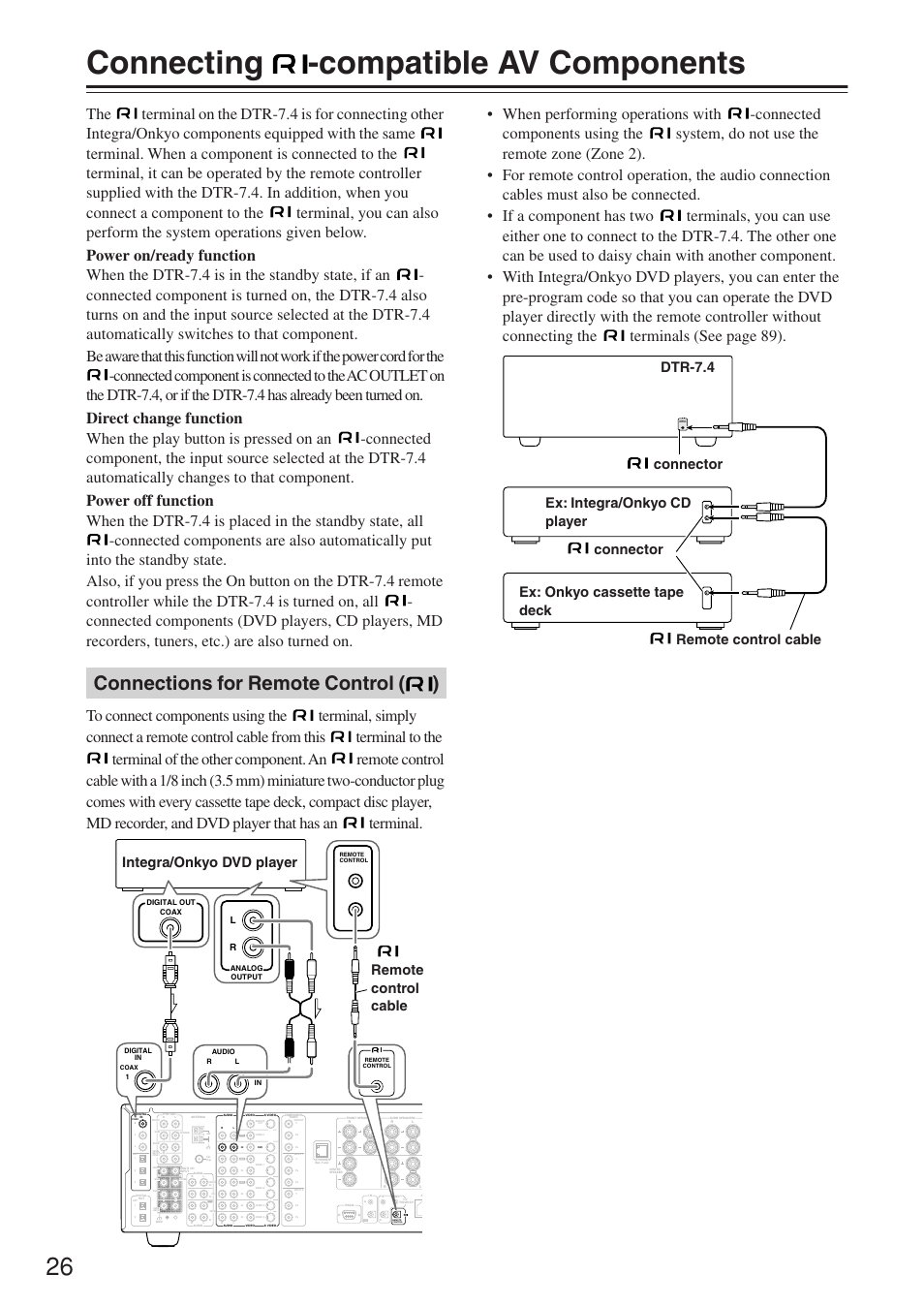 Connecting -compatible av components, Connections for remote control ( ), Terminal. when a component is connected to the | Terminal to the, Terminal of the other component. an, Terminal. • when performing operations with, Connected components using the, Terminals (see page 89) | Integra DTR-7.4 User Manual | Page 26 / 104