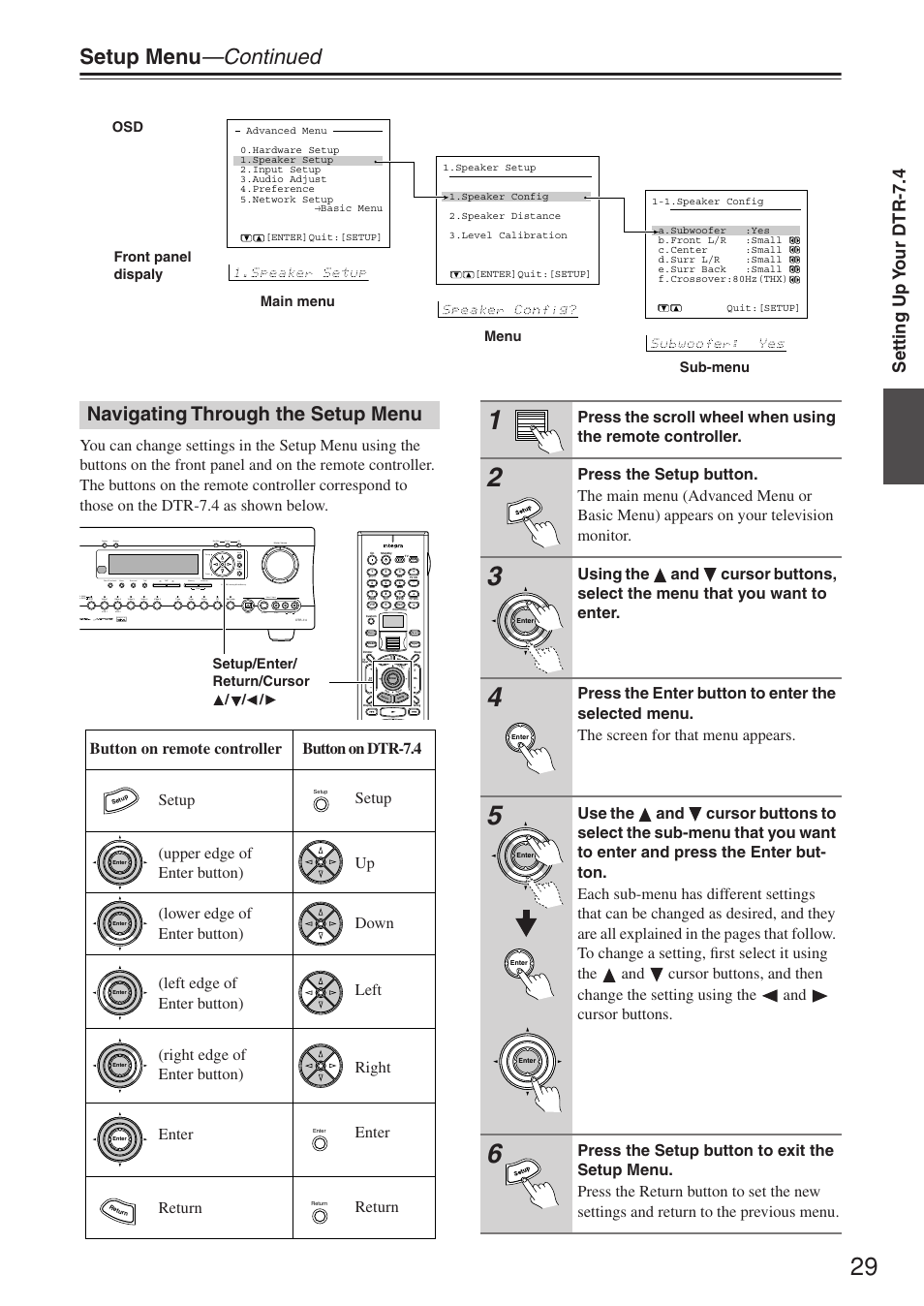 Setup menu —continued, Navigating through the setup menu, Setting up y our dtr-7.4 | Integra DTR-7.4 User Manual | Page 29 / 104