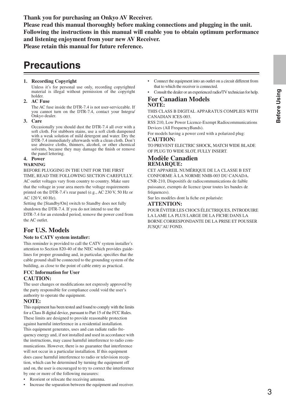 Precautions, For u.s. models, For canadian models | Modèle canadien | Integra DTR-7.4 User Manual | Page 3 / 104