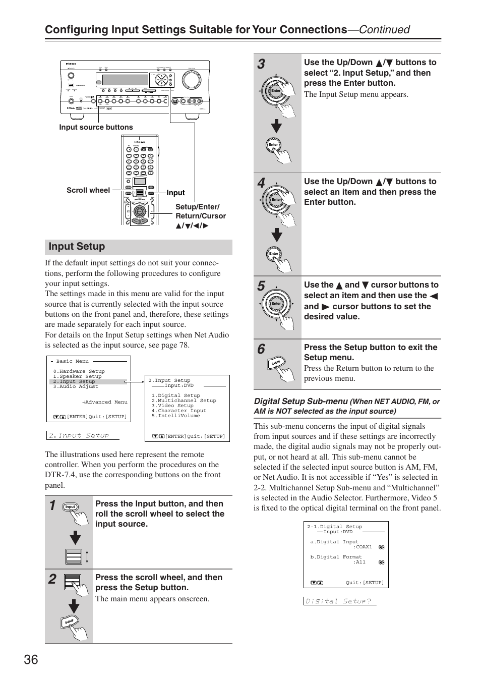 Input setup, Upsampling pure audio, Digital | Integra DTR-7.4 User Manual | Page 36 / 104