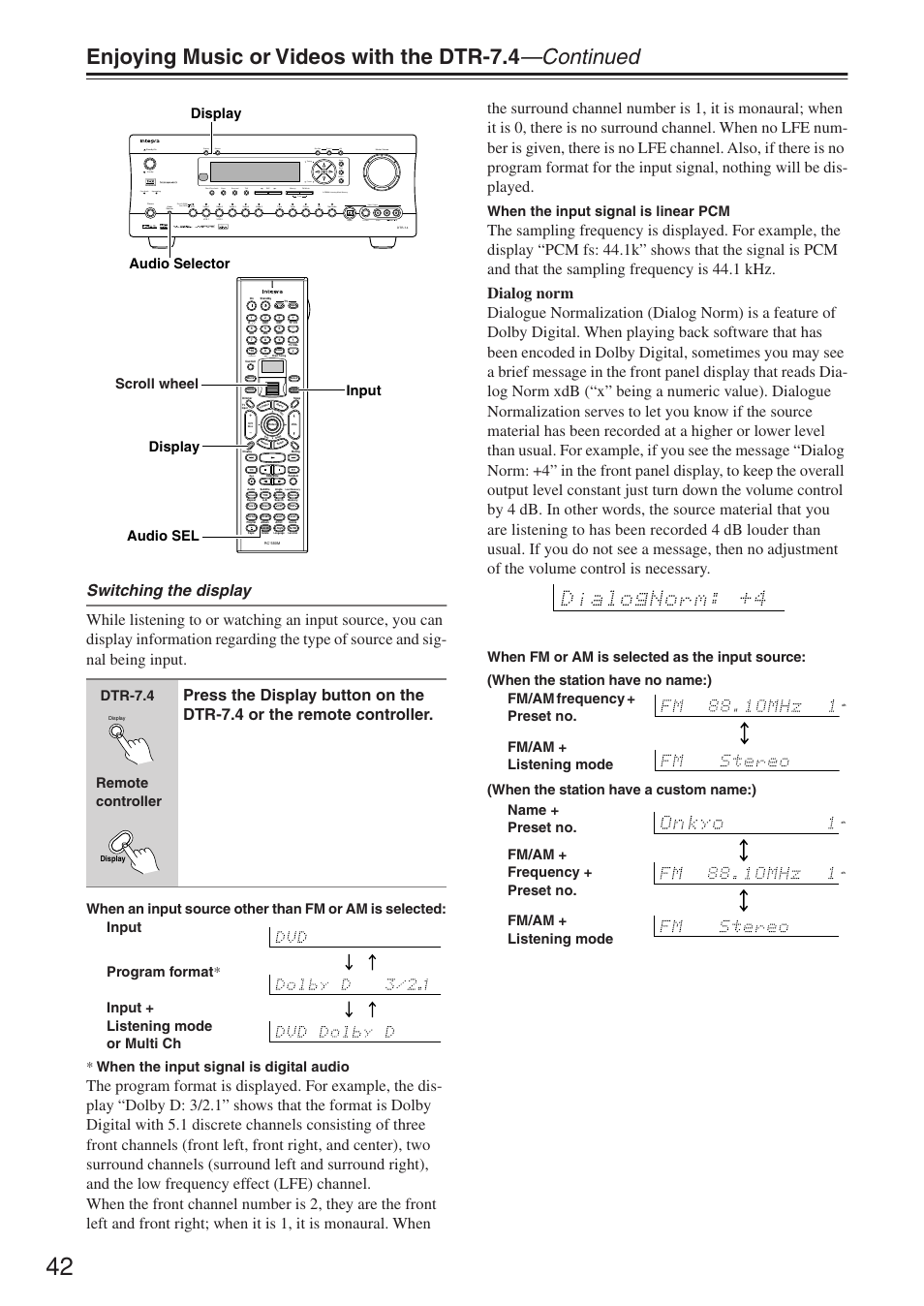 When the input signal is linear pcm, Upsampling pure audio, Dtr-7.4 remote controller | Integra DTR-7.4 User Manual | Page 42 / 104