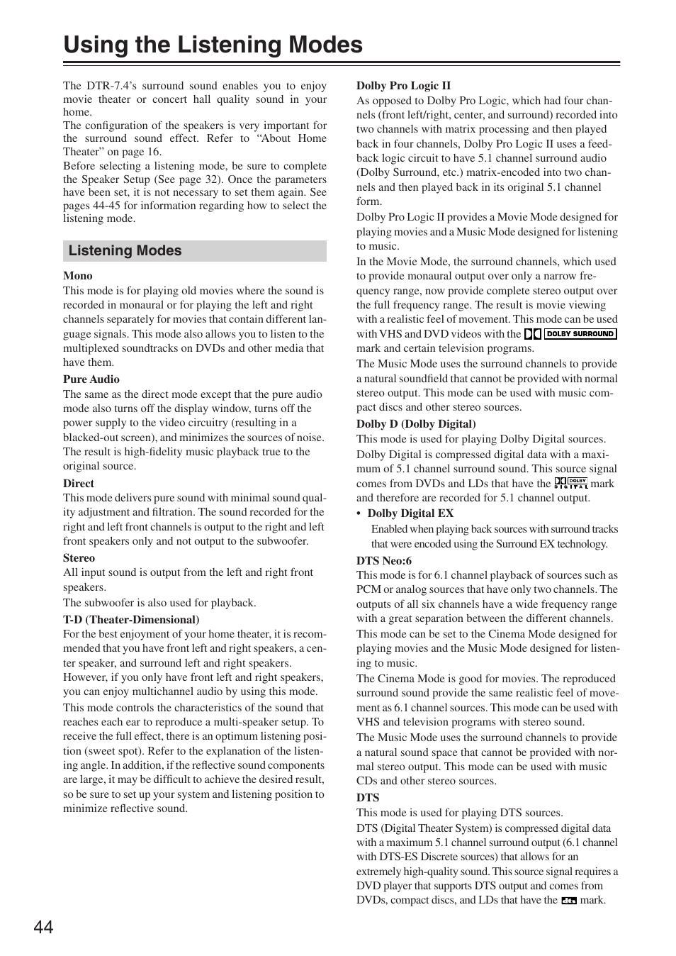 Using the listening modes | Integra DTR-7.4 User Manual | Page 44 / 104