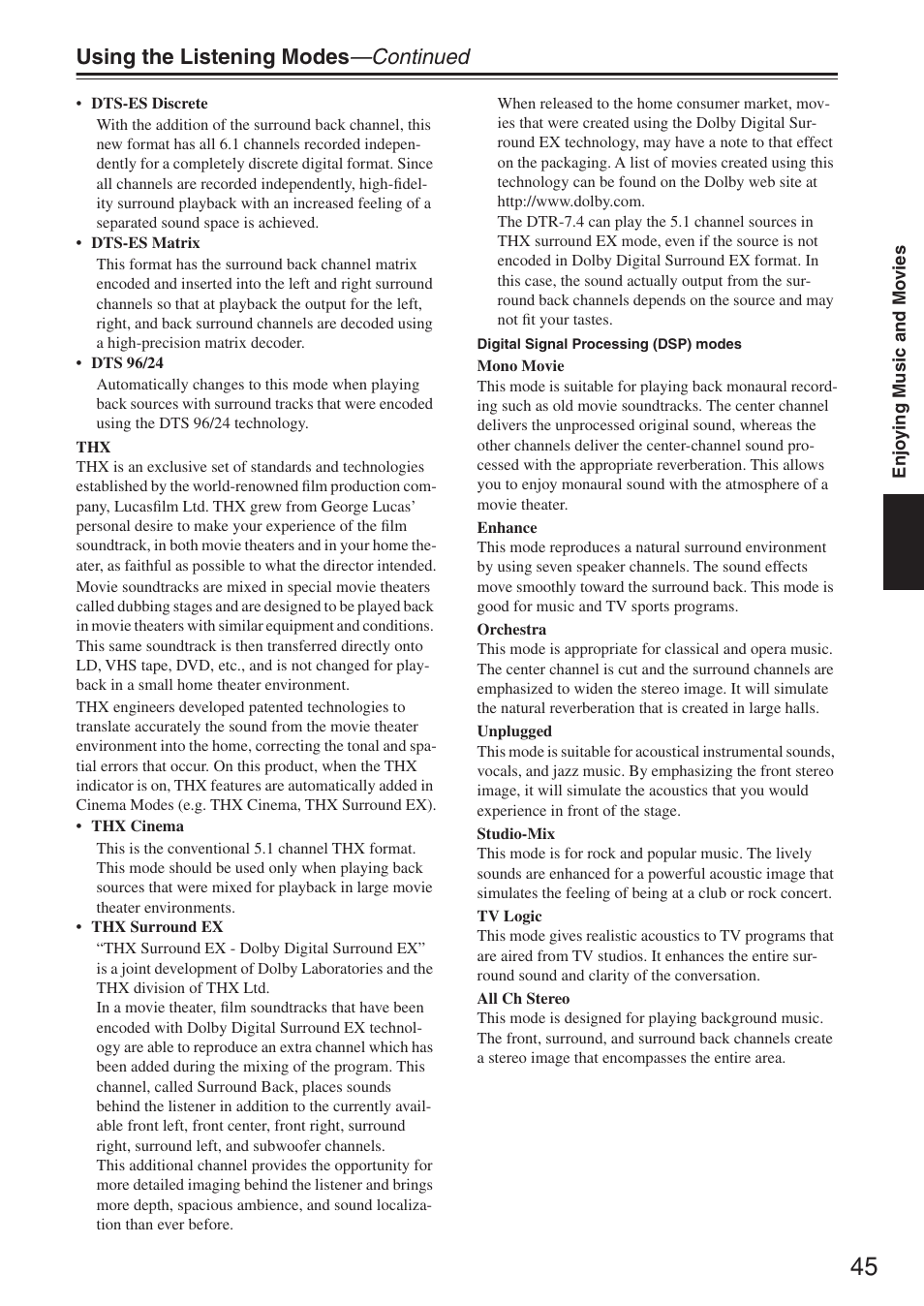 Using the listening modes —continued | Integra DTR-7.4 User Manual | Page 45 / 104