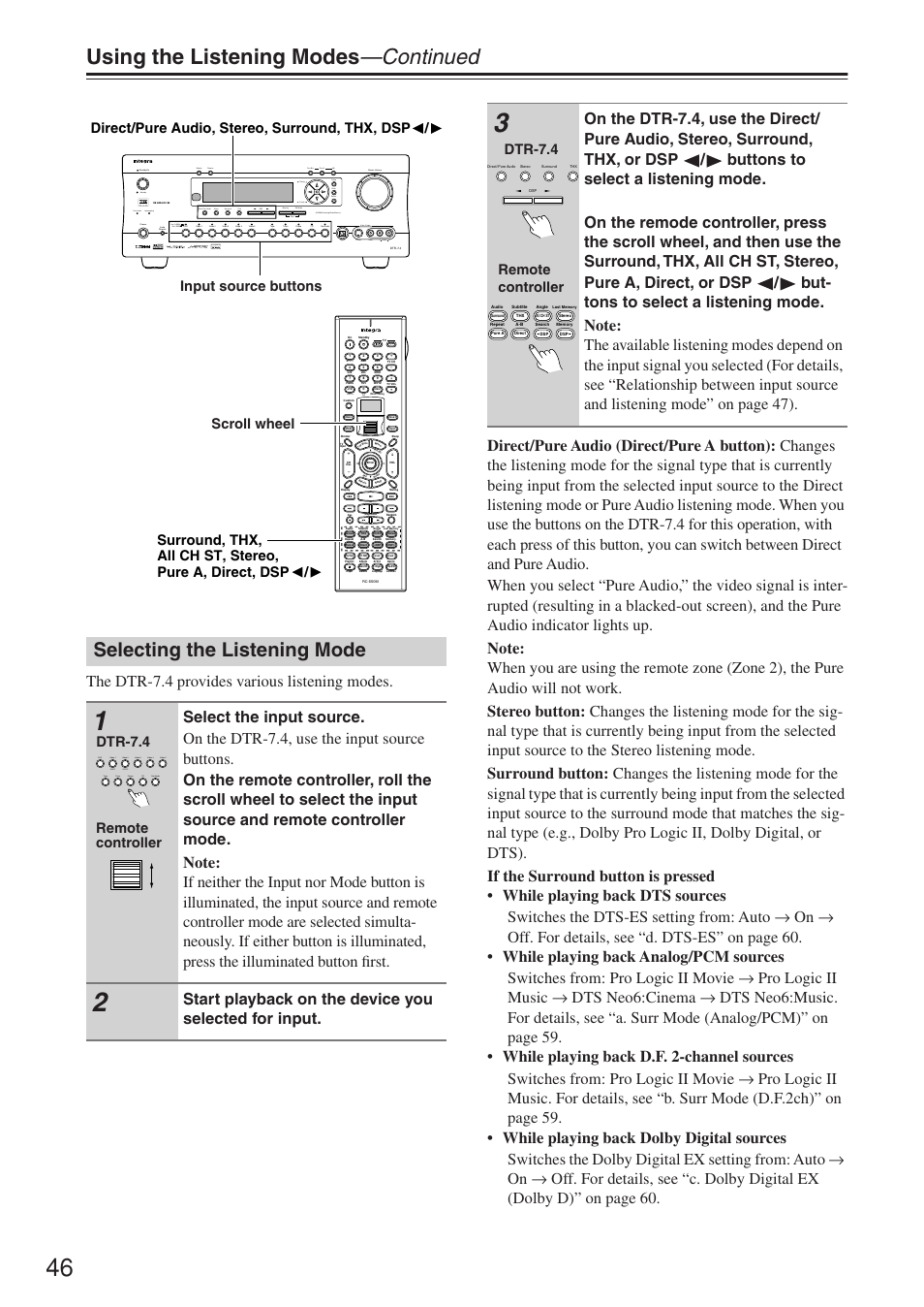 Using the listening modes —continued, Selecting the listening mode, Upsampling pure audio | Remote controller, Dtr-7.4 | Integra DTR-7.4 User Manual | Page 46 / 104