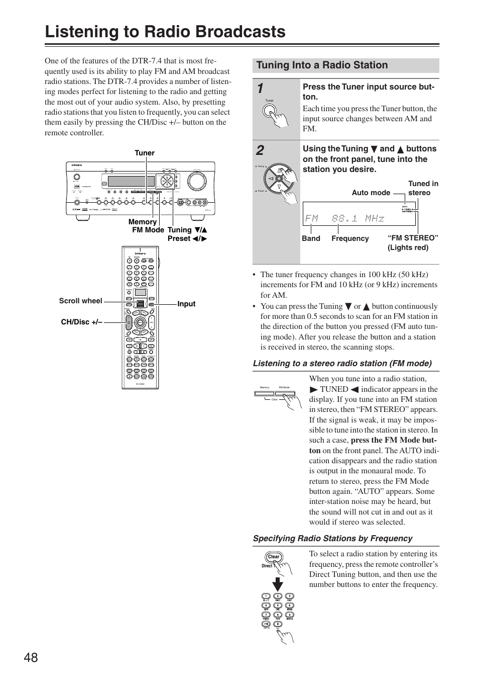 Listening to radio broadcasts, Tuning into a radio station, Tuned | Upsampling pure audio | Integra DTR-7.4 User Manual | Page 48 / 104