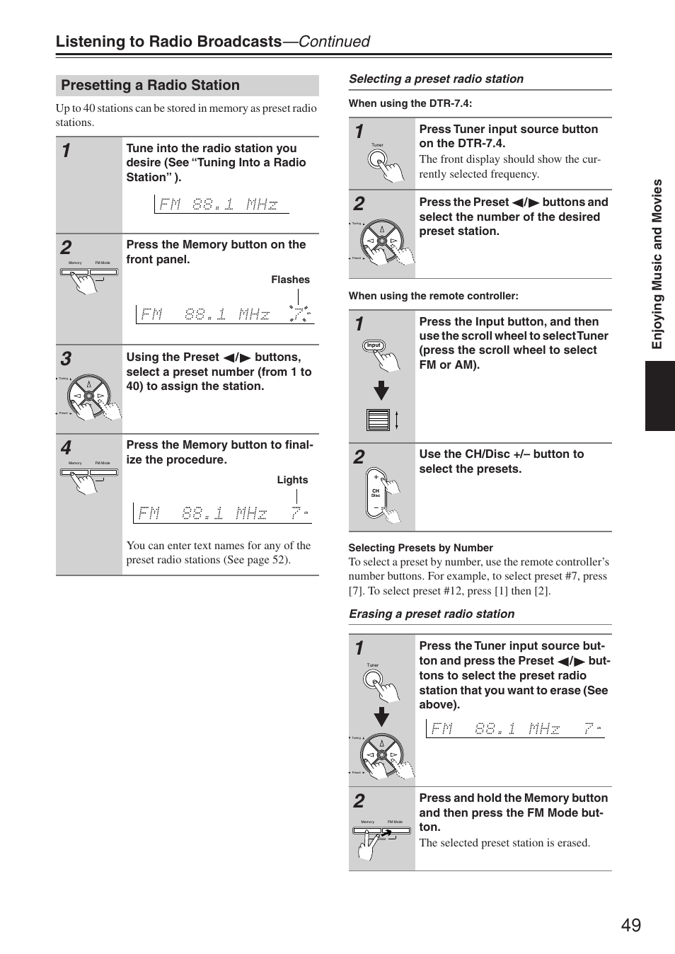 Listening to radio broadcasts —continued, Presetting a radio station, Enjo ying music and mo vies | Integra DTR-7.4 User Manual | Page 49 / 104