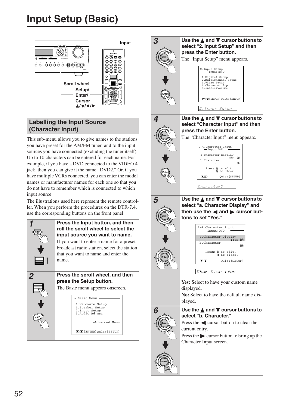 Input setup (basic), Labelling the input source (character input) | Integra DTR-7.4 User Manual | Page 52 / 104