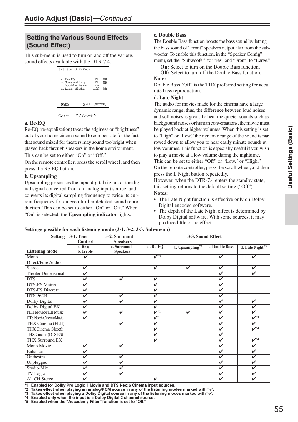 Audio adjust (basic) —continued, Setting the various sound effects (sound effect), Useful settings (basic) | Integra DTR-7.4 User Manual | Page 55 / 104