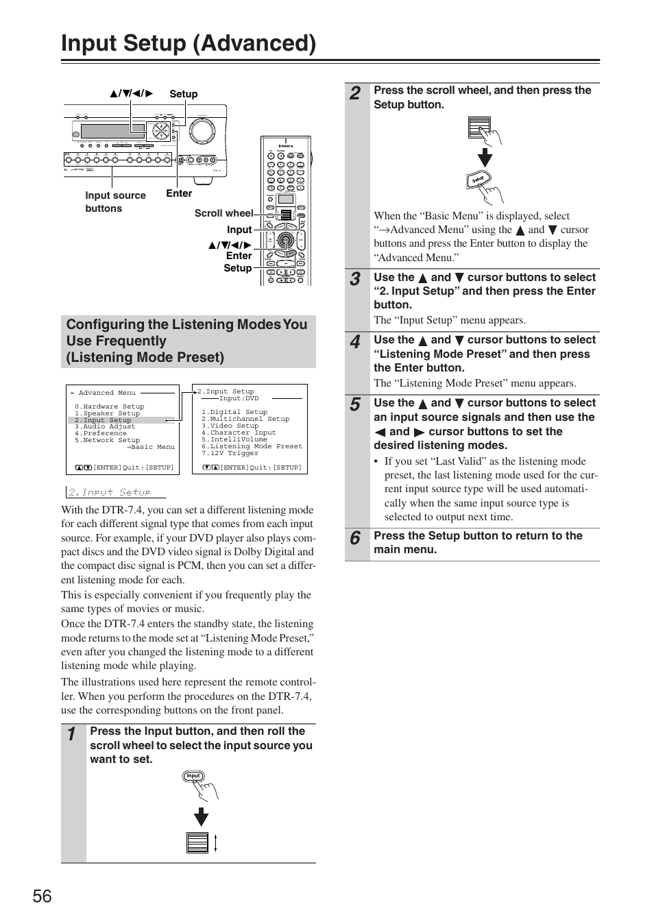 Input setup (advanced), Press the setup button to return to the main menu | Integra DTR-7.4 User Manual | Page 56 / 104