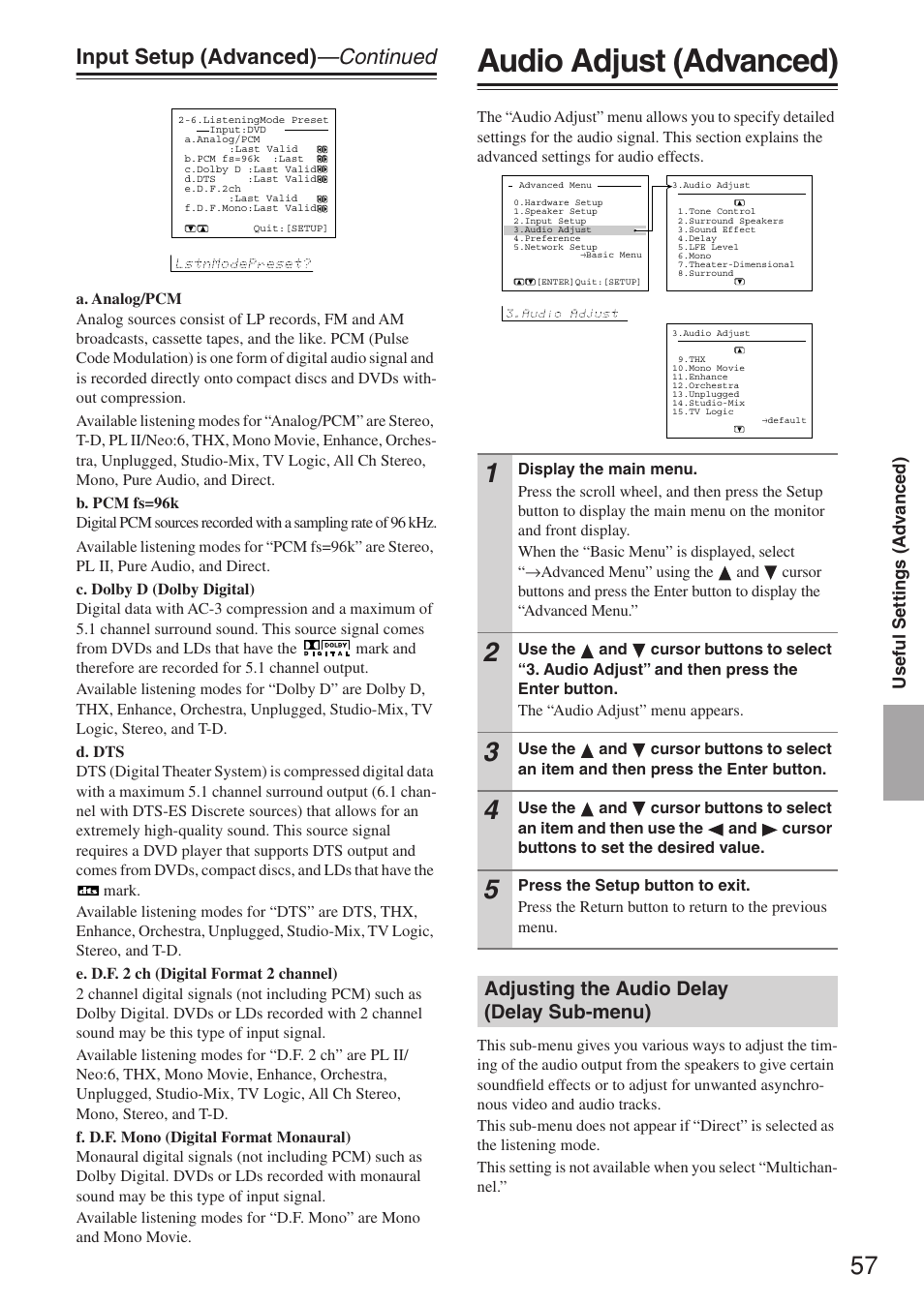 Audio adjust (advanced), Input setup (advanced) —continued, Adjusting the audio delay (delay sub-menu) | Integra DTR-7.4 User Manual | Page 57 / 104