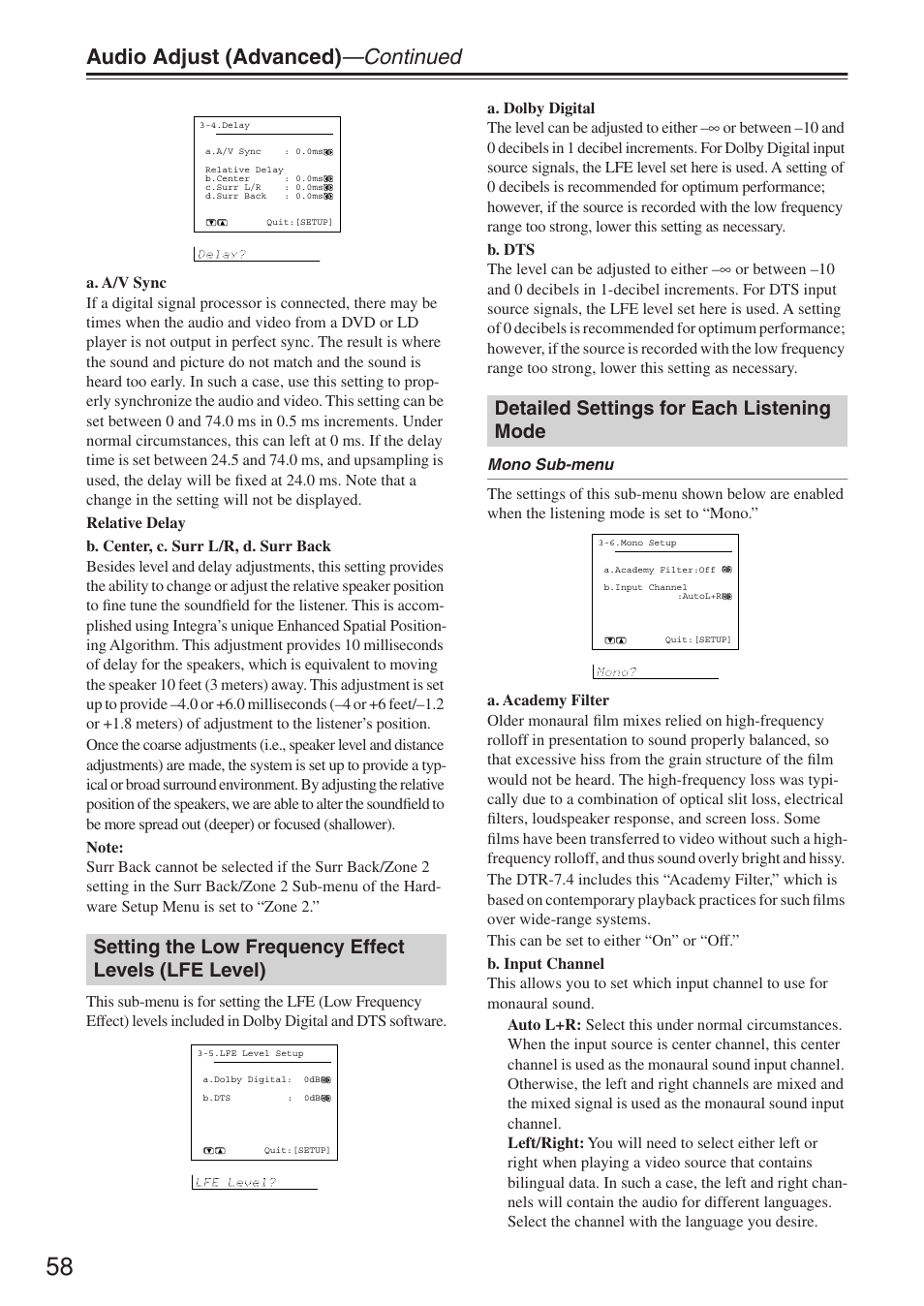 Audio adjust (advanced) —continued, Detailed settings for each listening mode | Integra DTR-7.4 User Manual | Page 58 / 104