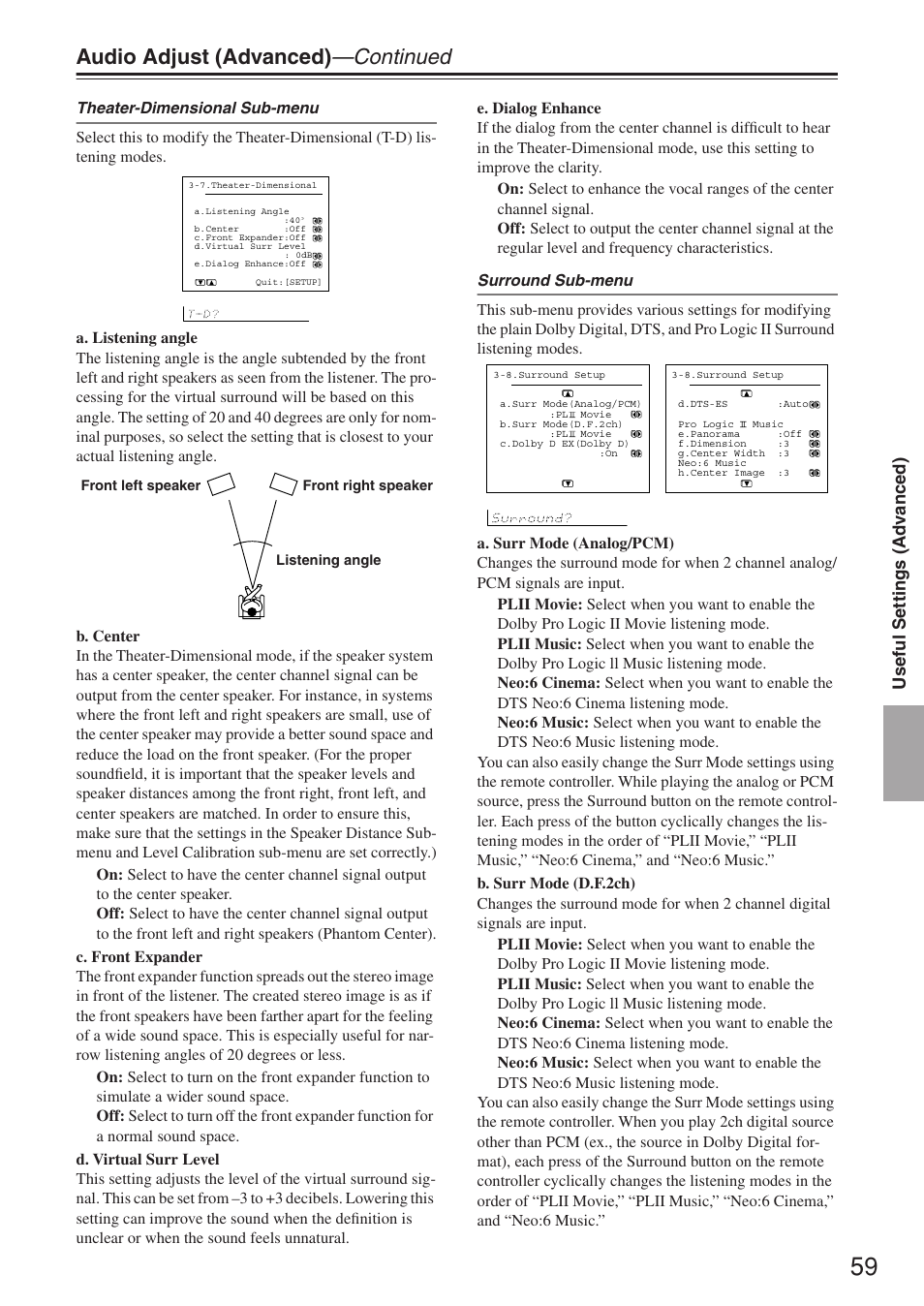Audio adjust (advanced) —continued | Integra DTR-7.4 User Manual | Page 59 / 104