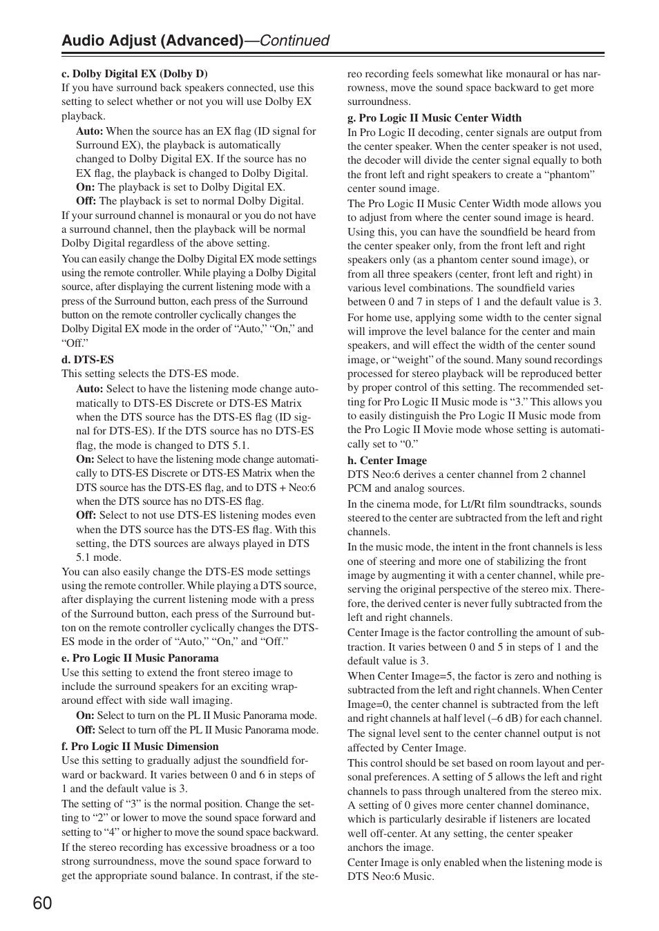 Audio adjust (advanced) —continued | Integra DTR-7.4 User Manual | Page 60 / 104