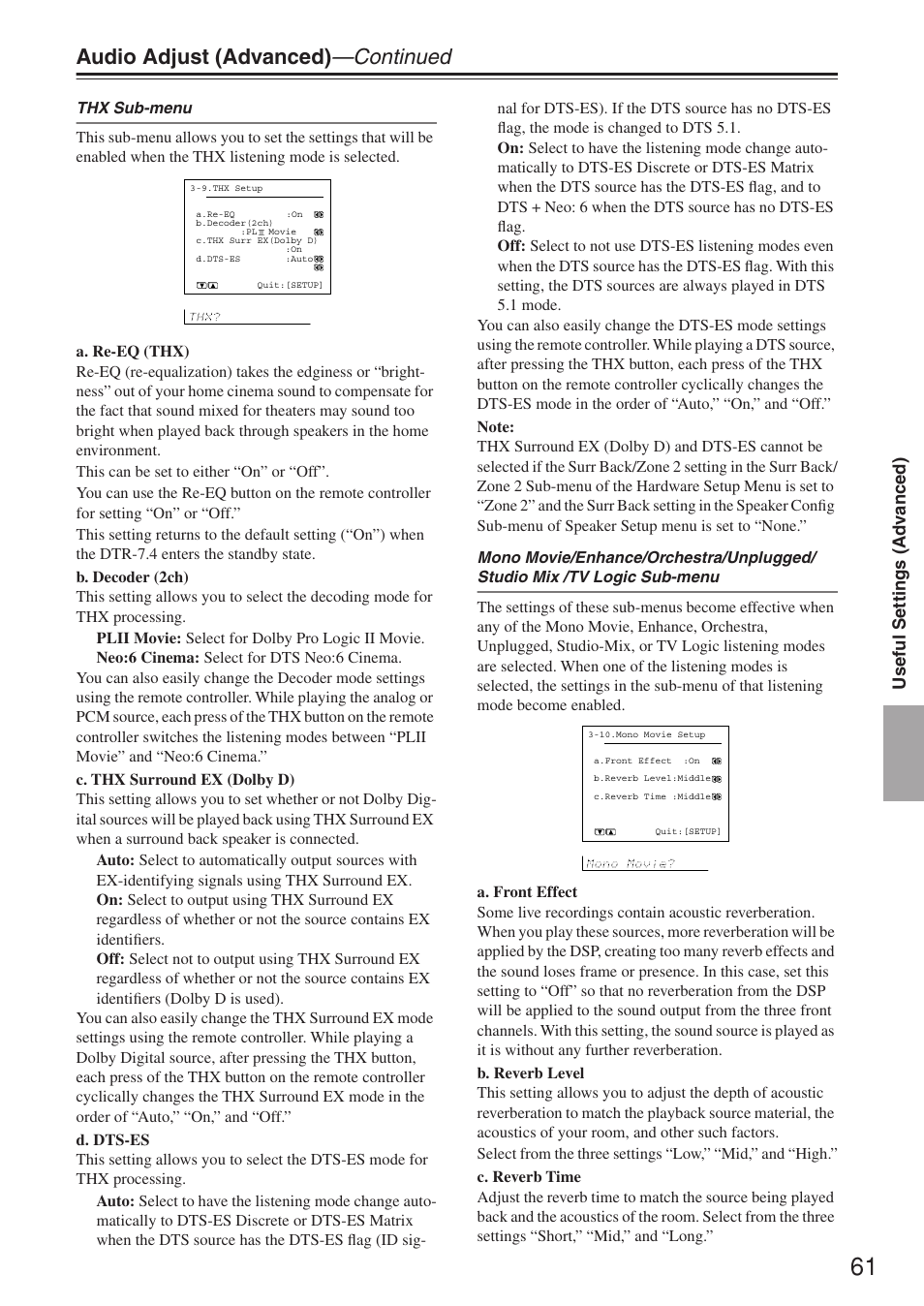 Audio adjust (advanced) —continued | Integra DTR-7.4 User Manual | Page 61 / 104