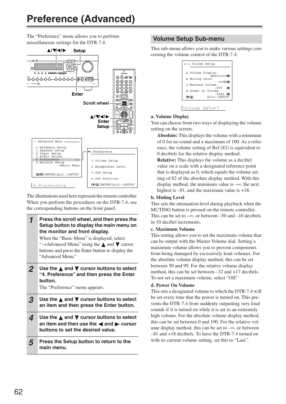Preference (advanced), Volume setup sub-menu, Press the setup button to return to the main menu | Integra DTR-7.4 User Manual | Page 62 / 104
