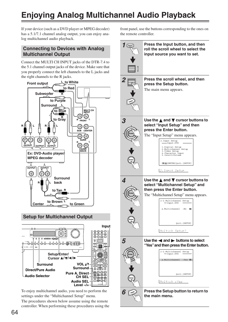 Enjoying analog multichannel audio playback, Press the setup button to return to the main menu | Integra DTR-7.4 User Manual | Page 64 / 104