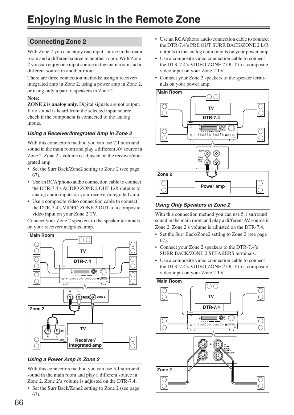 Enjoying music in the remote zone, Connecting zone 2 | Integra DTR-7.4 User Manual | Page 66 / 104