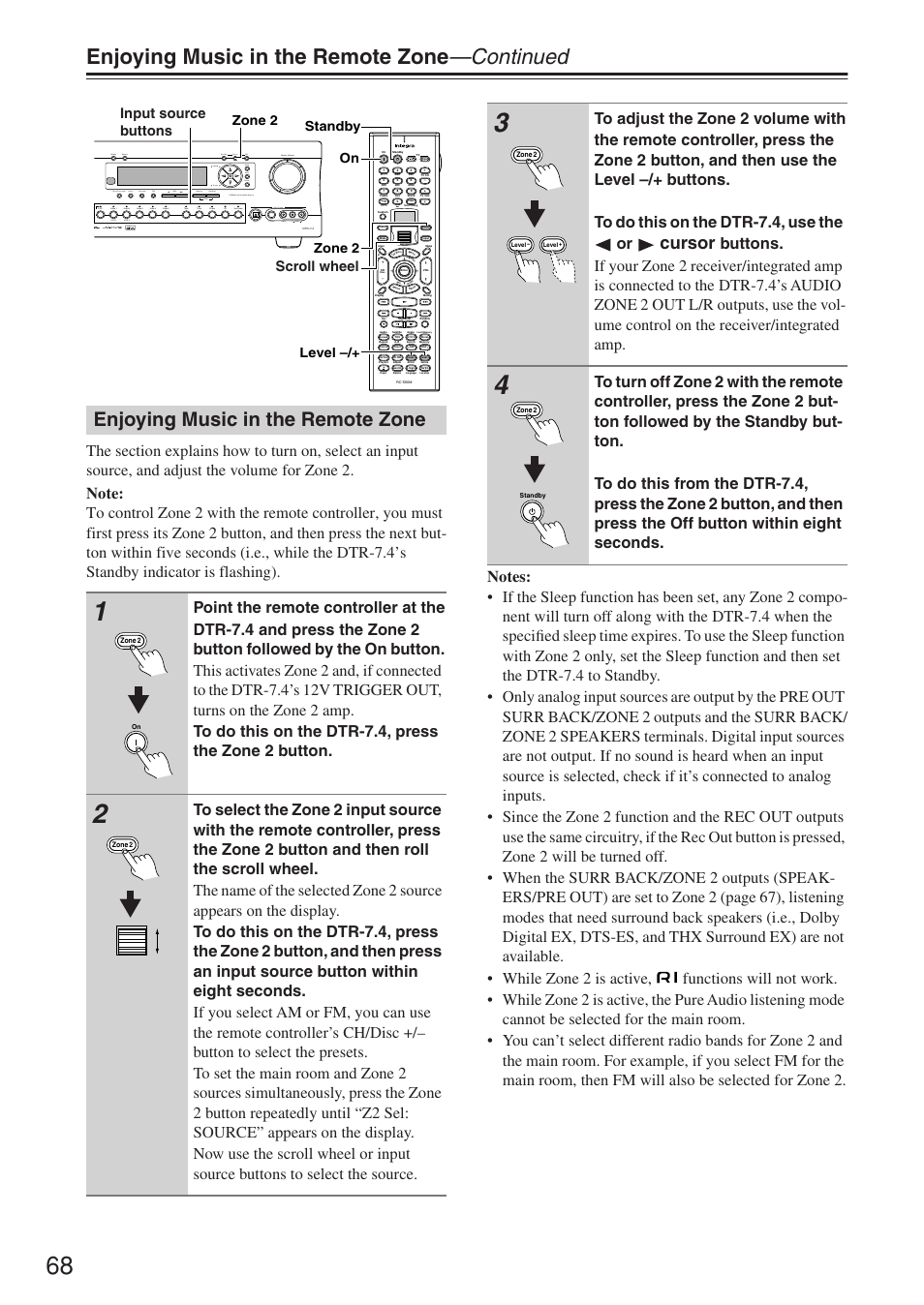 Enjoying music in the remote zone —continued, Enjoying music in the remote zone, Cursor | Digital, Input source buttons scroll wheel, Zone 2 level –/+ standby zone 2 on | Integra DTR-7.4 User Manual | Page 68 / 104