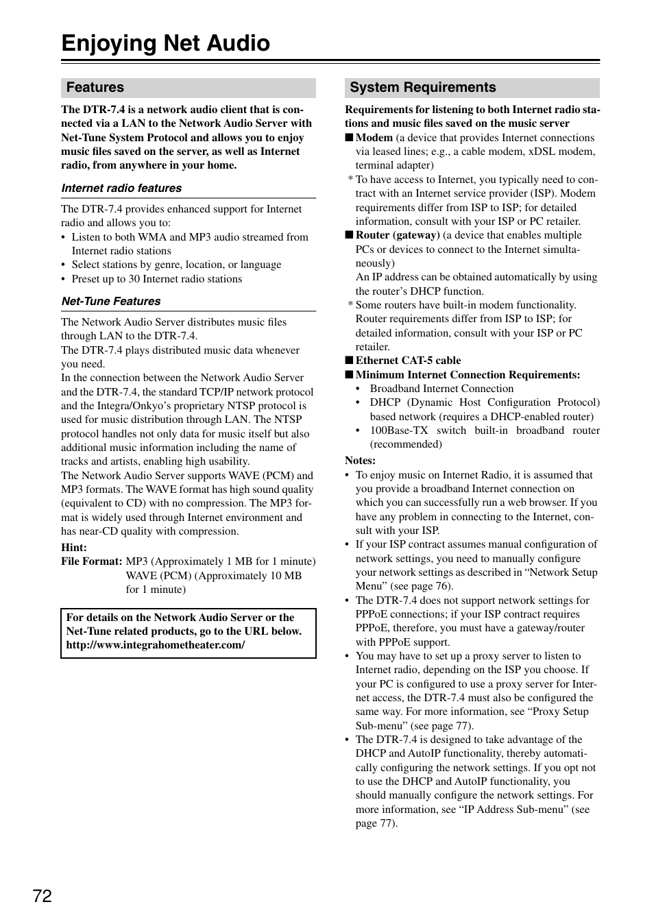Enjoying net audio | Integra DTR-7.4 User Manual | Page 72 / 104