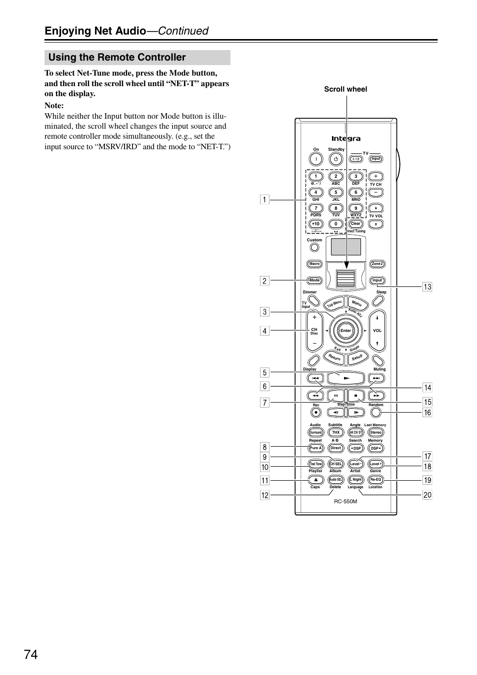 Enjoying net audio —continued, Using the remote controller, Scroll wheel | Integra DTR-7.4 User Manual | Page 74 / 104