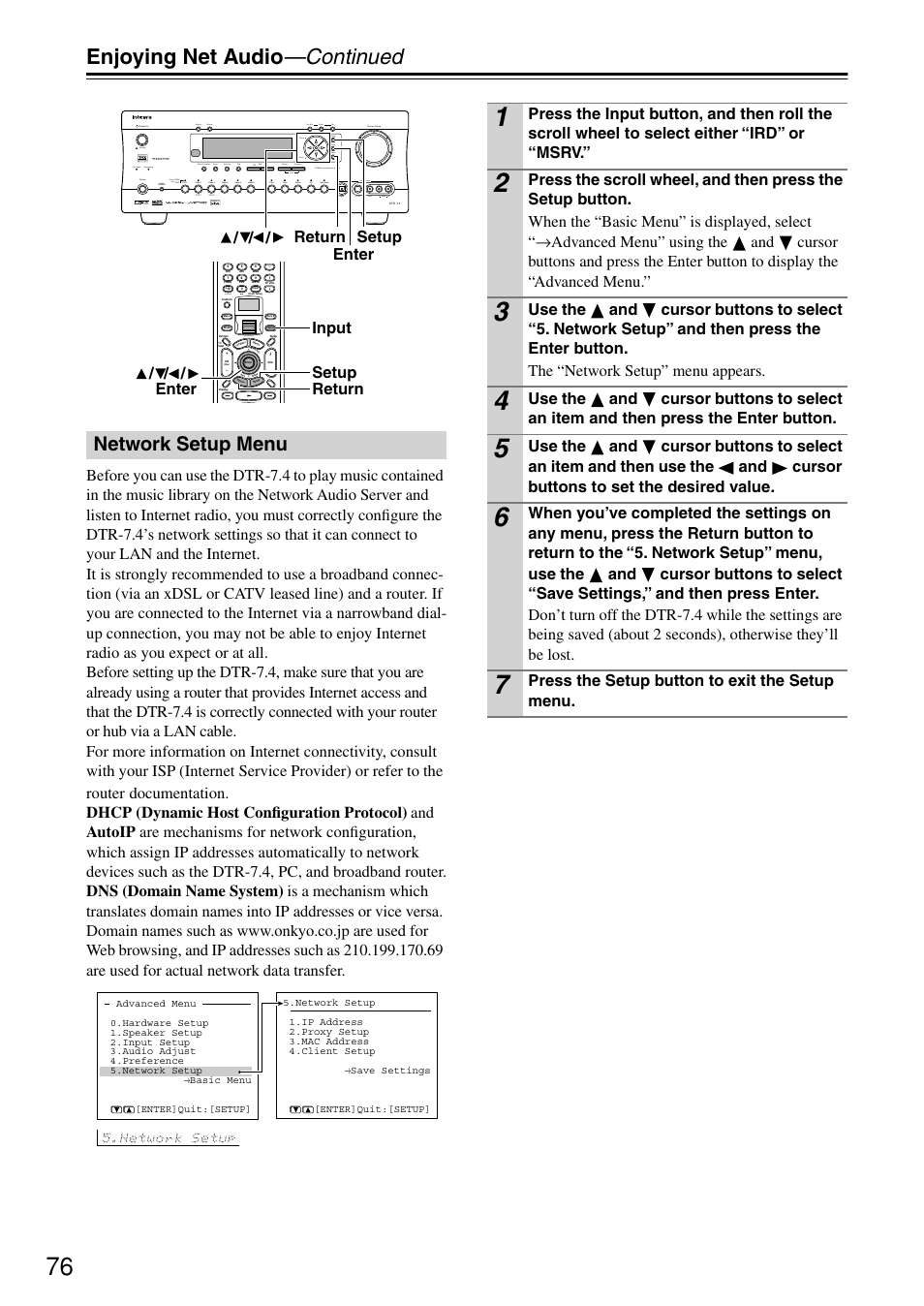 Enjoying net audio —continued, Network setup menu, Setup return enter / / / setup return input enter | Press the setup button to exit the setup menu, Upsampling pure audio, Digital | Integra DTR-7.4 User Manual | Page 76 / 104