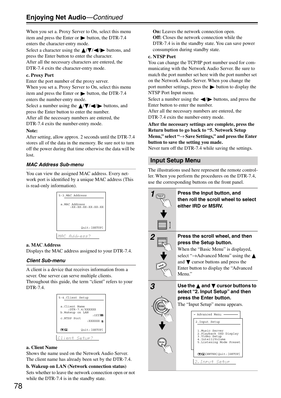 Enjoying net audio —continued, Input setup menu | Integra DTR-7.4 User Manual | Page 78 / 104