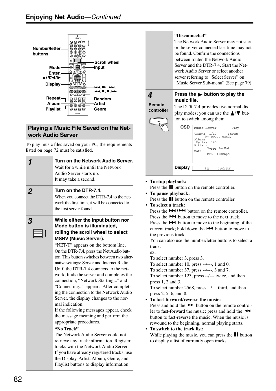 Enjoying net audio —continued, Remote controller, Osd display | Integra DTR-7.4 User Manual | Page 82 / 104