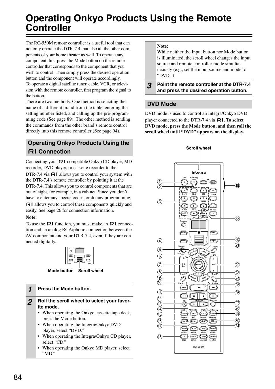 Operating onkyo products using the connection, Dvd mode, Press the mode button | Mode button scroll wheel, Scroll wheel | Integra DTR-7.4 User Manual | Page 84 / 104