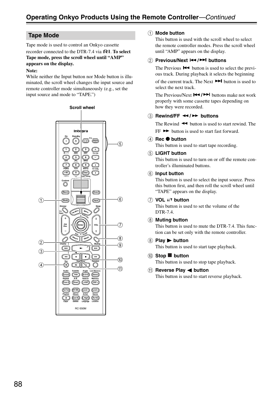 Tape mode, Button this button is used to start tape recording, Scroll wheel | Integra DTR-7.4 User Manual | Page 88 / 104