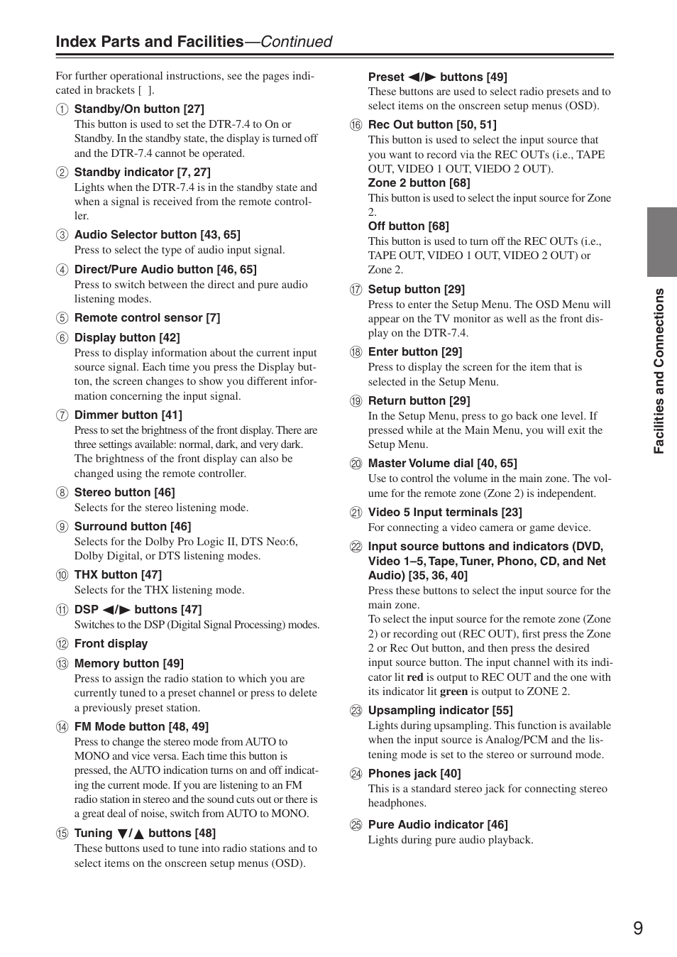 Index parts and facilities —continued | Integra DTR-7.4 User Manual | Page 9 / 104