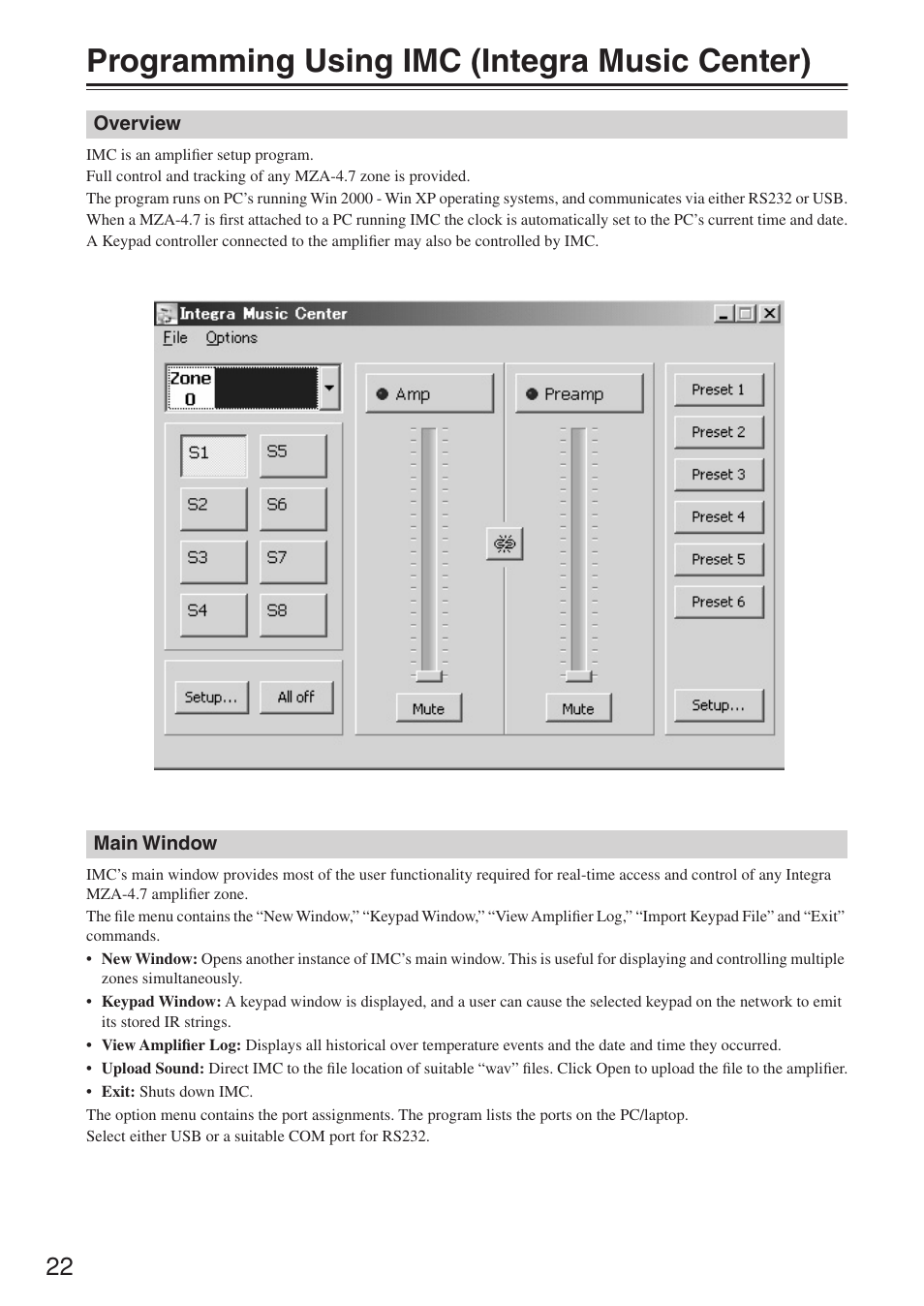 Programming using imc (integra music center) | Integra MZA-4.7 User Manual | Page 22 / 28