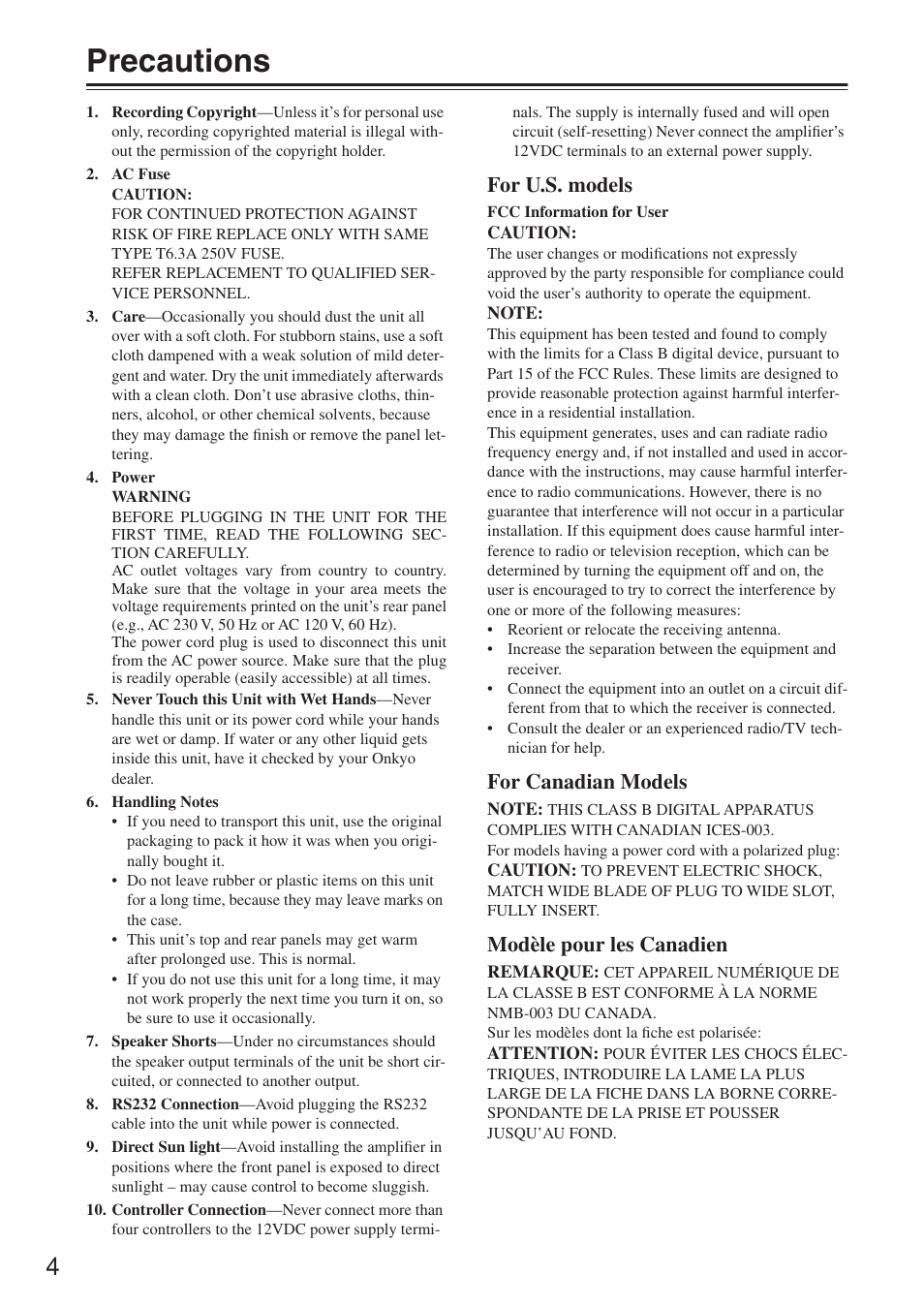 Precautions, For u.s. models, For canadian models | Modèle pour les canadien | Integra MZA-4.7 User Manual | Page 4 / 28