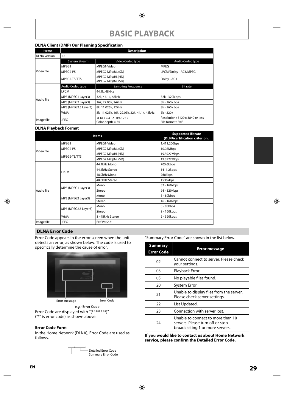 Basic playback, Dlna error code | Integra E5SF1UD User Manual | Page 29 / 64