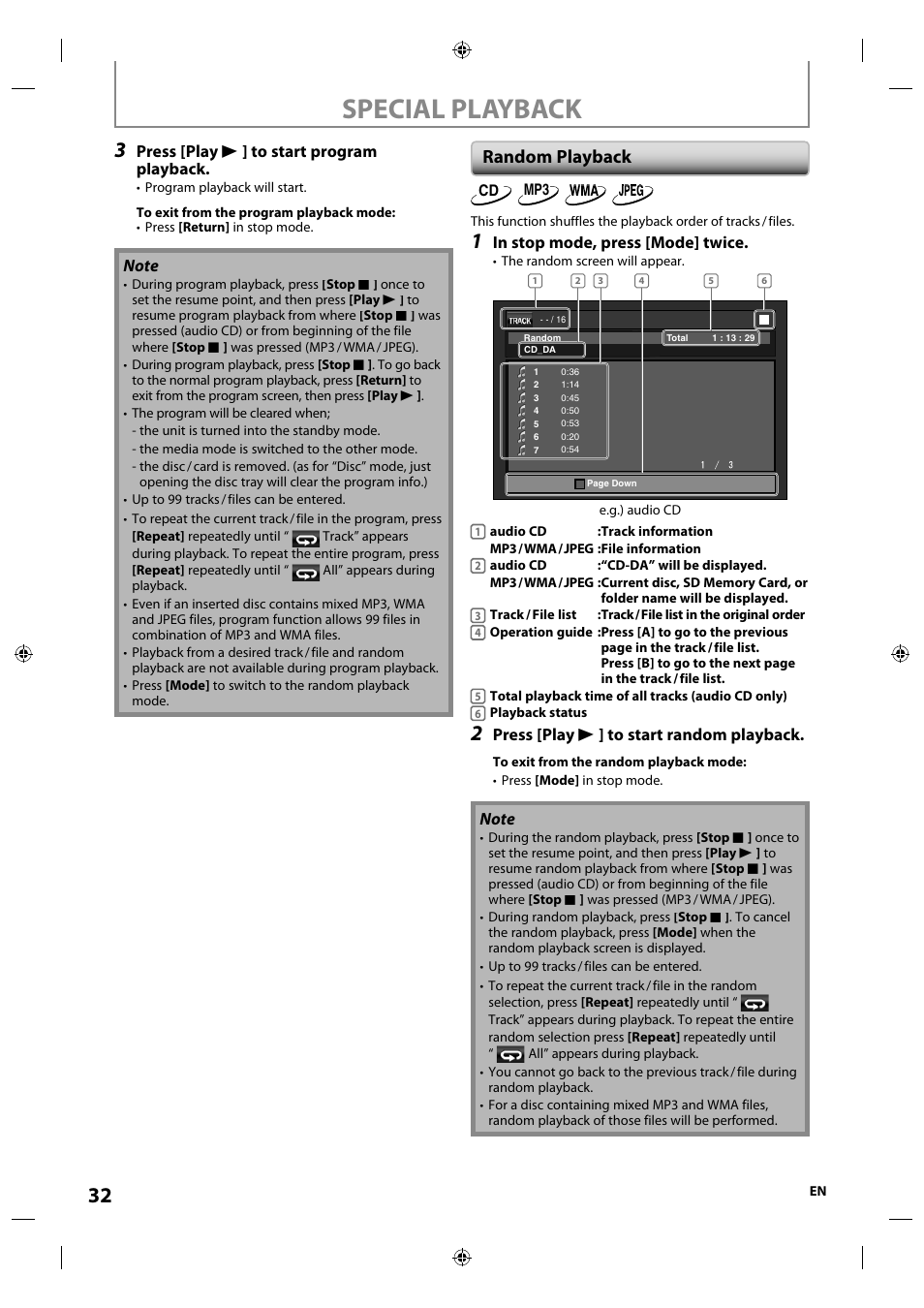 Random playback, Special playback, Press [play b ] to start program playback | Press [play b ] to start random playback | Integra E5SF1UD User Manual | Page 32 / 64