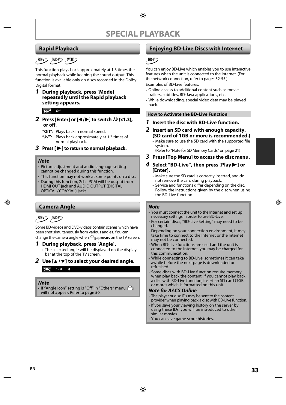 Rapid playback, Camera angle, Enjoying bd-live discs with internet | Special playback | Integra E5SF1UD User Manual | Page 33 / 64