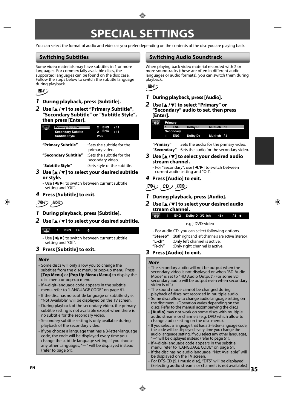 Special settings, Switching subtitles, Switching audio soundtrack | Integra E5SF1UD User Manual | Page 35 / 64