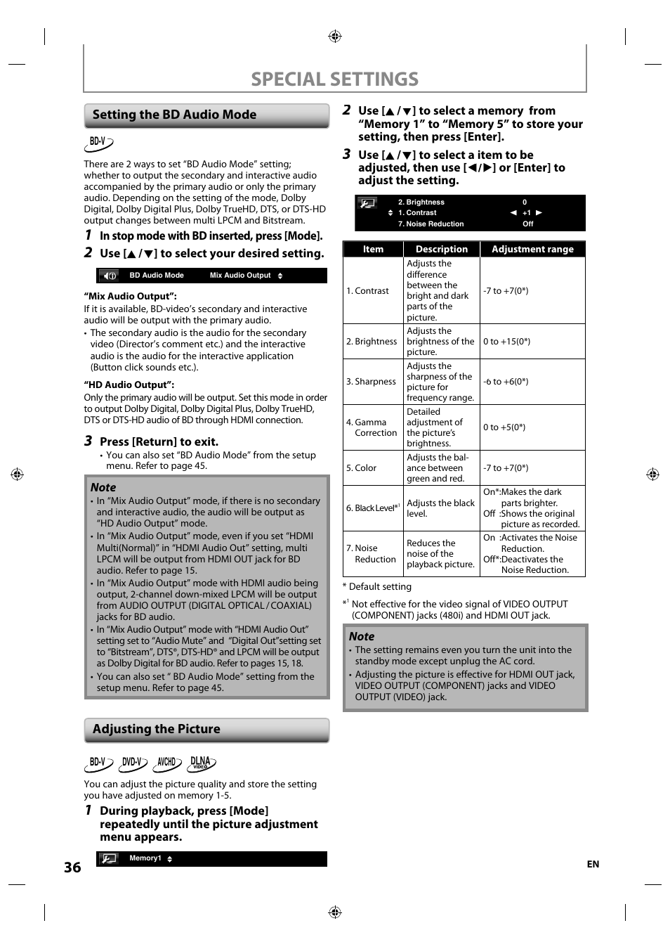 Setting the bd audio mode, Adjusting the picture, Special settings | Integra E5SF1UD User Manual | Page 36 / 64
