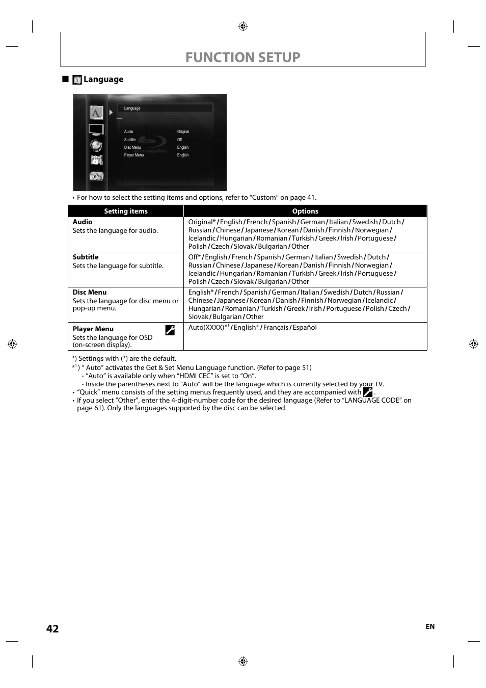Function setup, Language | Integra E5SF1UD User Manual | Page 42 / 64